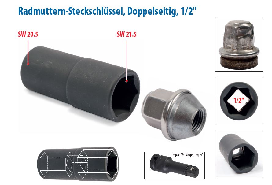 Radmuttern-Steckschlüssel, Doppelseitig, 1/2" 20,5/21,5 mm